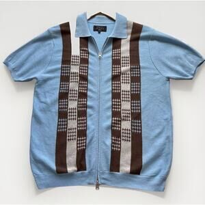 Beams+ Plus Japan Full Zip Knit Polo Sweater Shirt Mens S Jacquard Blue/Brown